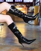 Retro wind high heels with pointed patent leather wrinkle high -end women's boots in winter are thin high boots