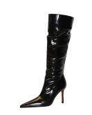 Retro wind high heels with pointed patent leather wrinkle high -end women's boots in winter are thin high boots