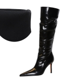 Retro wind high heels with pointed patent leather wrinkle high -end women's boots in winter are thin high boots