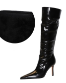 Retro wind high heels with pointed patent leather wrinkle high -end women's boots in winter are thin high boots