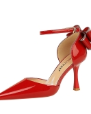 Summer hollow high -heeled high -heeled pointed patent leather with a band of bowing sandals women's high heels