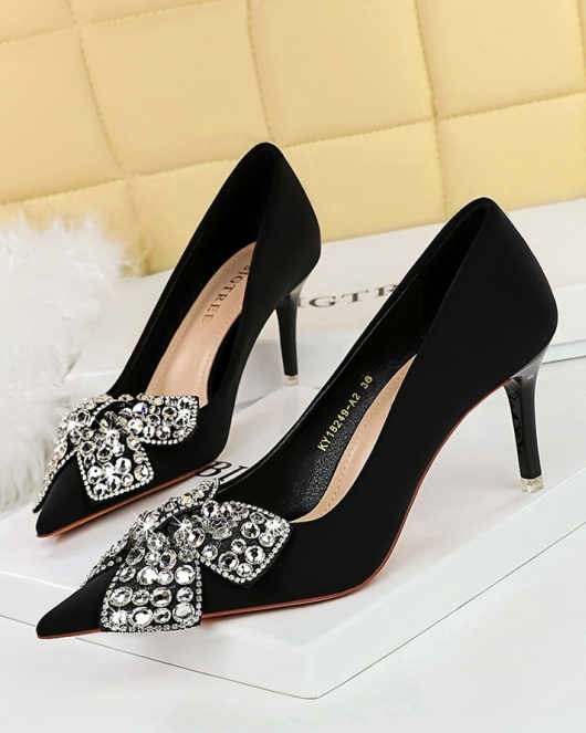 Banquet high -heeled shoe fine heels satin light mouth pointed rhinestone butterfly knot women's single shoes