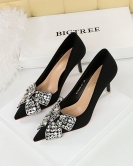 Banquet high -heeled shoe fine heels satin light mouth pointed rhinestone butterfly knot women's single shoes