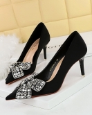 Banquet high -heeled shoe fine heels satin light mouth pointed rhinestone butterfly knot women's single shoes