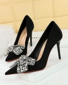 Banquet high -heeled shoe fine heels satin light mouth pointed rhinestone butterfly knot women's single shoes