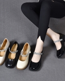 Round head buckle small leather shoes female British college wind thick heel rhinestone Mary Zhen shoes cowhide female high heels