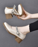 Round head buckle small leather shoes female British college wind thick heel rhinestone Mary Zhen shoes cowhide female high heels