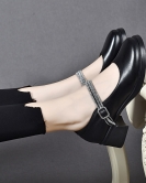 Round head buckle small leather shoes female British college wind thick heel rhinestone Mary Zhen shoes cowhide female high heels