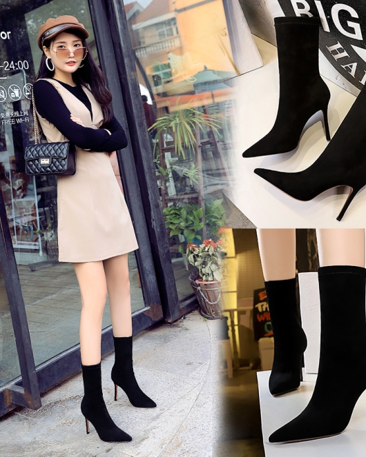 Fashionable and simple foot repair women's boots fine heel high -heeled velvet spike sexy nightclubs thin short boots