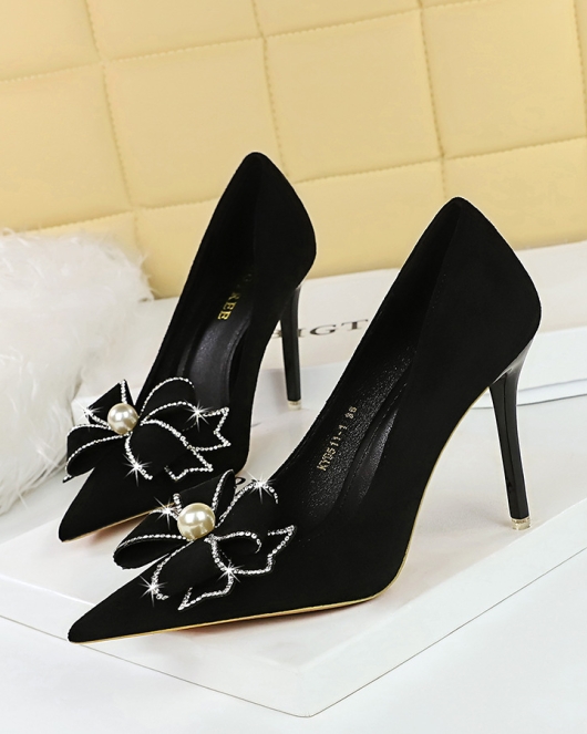 Wind high heels Women's shoes, fine heels, super heels, shallow mouth pointed rhinestone pearl bowls