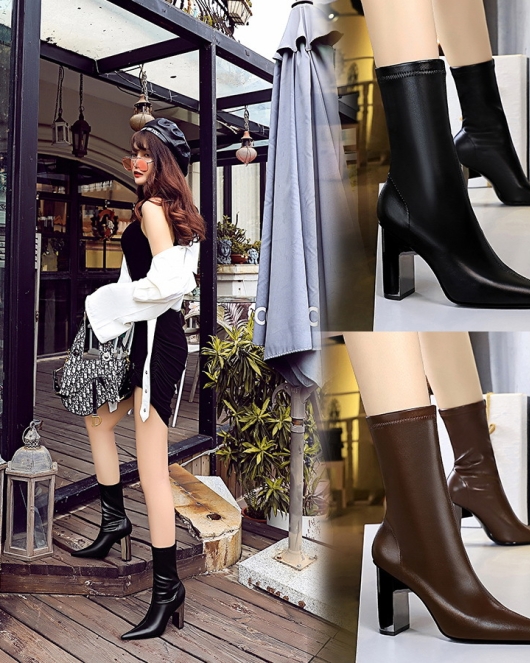 Fashionable thin boots metal thick heel pointed pointed sexy nightclub show thin winter boots