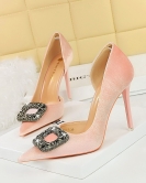 Banquet High -heeled Shi Shi Dan -faced shallower Hollow metal rhinestone buckle single shoes women