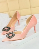 Banquet High -heeled Shi Shi Dan -faced shallower Hollow metal rhinestone buckle single shoes women