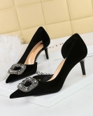 Banquet High -heeled Shi Shi Dan -faced shallower Hollow metal rhinestone buckle single shoes women