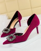 Banquet High -heeled Shi Shi Dan -faced shallower Hollow metal rhinestone buckle single shoes women