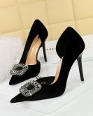 Banquet High -heeled Shi Shi Dan -faced shallower Hollow metal rhinestone buckle single shoes women