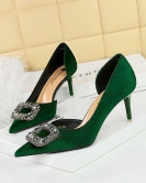 Banquet High -heeled Shi Shi Dan -faced shallower Hollow metal rhinestone buckle single shoes women