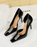 Banquet high -heeled shoe fine heel super high heel small square head patent leather metal rhinestone buckle single shoes