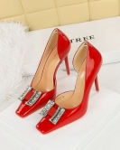 Banquet high -heeled shoe fine heel super high heel small square head patent leather metal rhinestone buckle single shoes