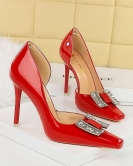 Banquet high -heeled shoe fine heel super high heel small square head patent leather metal rhinestone buckle single shoes