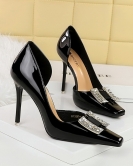 Banquet high -heeled shoe fine heel super high heel small square head patent leather metal rhinestone buckle single shoes