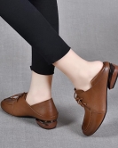 Flat -bottomed shoes Women's spring round head -lap band -light single -toe layer cowhide one shoe two wears single shoes