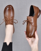 Flat -bottomed shoes Women's spring round head -lap band -light single -toe layer cowhide one shoe two wears single shoes