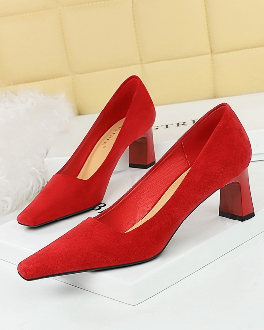 Fashion, simple, comfortable, thick heel high -heeled velvet -on -surface square -headed square women's shoes single shoes