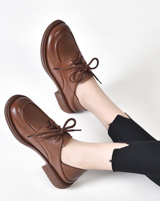 Casual shoes spring British wind lace -up -heeled upper layer cowhide, one shoe, two leather shoes