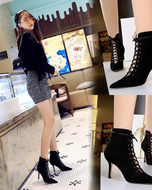 Fashion sexy nightclub shows thin heel high -heeled pointed pointed tie crossbone cut -out hollow boots