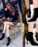 Fashion sexy nightclub shows thin heel high -heeled pointed pointed tie crossbone cut -out hollow boots