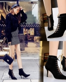 Fashion sexy nightclub shows thin heel high -heeled pointed pointed tie crossbone cut -out hollow boots