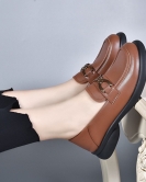 Round -headed small leather shoes women's spring season British wind flat single shoes metal buckle leather low heel women's shoes