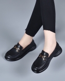 Round -headed small leather shoes women's spring season British wind flat single shoes metal buckle leather low heel women's shoes