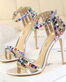 Wind style Women's shoes fine heels, high heels, open -toe characters with hollow color rivet sandals