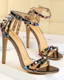 Wind style Women's shoes fine heels, high heels, open -toe characters with hollow color rivet sandals