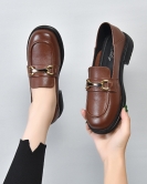 Round -headed small leather shoes female spring flat bottom British style casual single shoes one pedal and comfortable low -top women's shoes