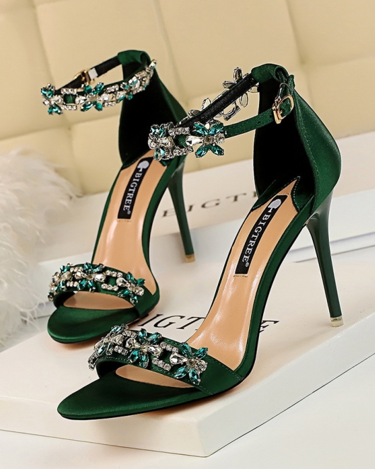 Wind sexy banquet high -heeled shoes Women's shoes fine heels high -heeled satin dew rhinestone with sandals with sandals