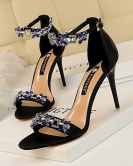 Wind sexy banquet high -heeled shoes Women's shoes fine heels high -heeled satin dew rhinestone with sandals with sandals