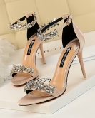 Wind sexy banquet high -heeled shoes Women's shoes fine heels high -heeled satin dew rhinestone with sandals with sandals