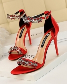 Wind sexy banquet high -heeled shoes Women's shoes fine heels high -heeled satin dew rhinestone with sandals with sandals