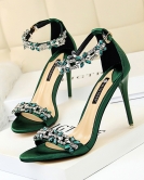 Wind sexy banquet high -heeled shoes Women's shoes fine heels high -heeled satin dew rhinestone with sandals with sandals