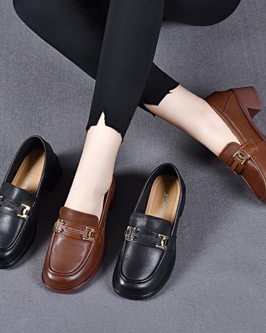 Small leather shoes female autumn header cowhide heel a single shoe round head light -headed shoes one foot kick women's shoes