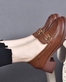 Small leather shoes female autumn header cowhide heel a single shoe round head light -headed shoes one foot kick women's shoes