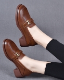 Small leather shoes female autumn header cowhide heel a single shoe round head light -headed shoes one foot kick women's shoes