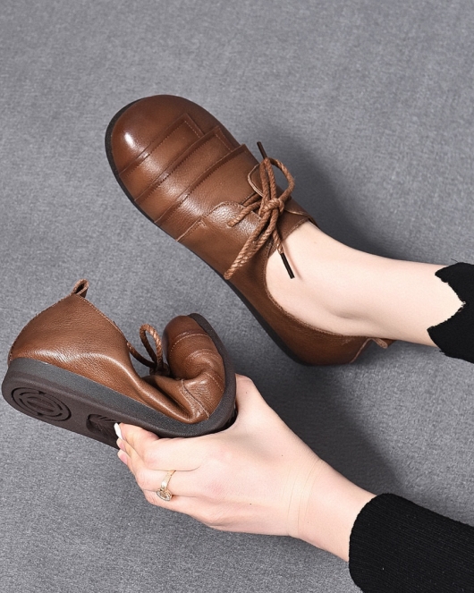 Flat -bottom single shoe women's spring soft bottom soft noodle bean toe -toe layer cowhide round head retro women's shoes