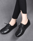 Flat -bottom single shoe women's spring soft bottom soft noodle bean toe -toe layer cowhide round head retro women's shoes