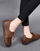 Flat -bottom single shoe women's spring soft bottom soft noodle bean toe -toe layer cowhide round head retro women's shoes