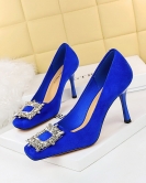 Banquet high -heeled shoes Women's shoes ultra -high heels of velvet metal rhinestone buckle single shoes