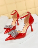 Summer high -heeled shoes women's shoes mid -length shoe pointed hollow rhinetic bow bowl with a word with high heel sandals